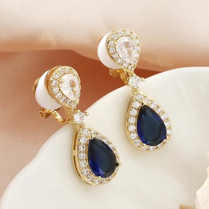 18K Gold Womens 2ct Blue Sapphire Gemstone Hanging Drop Clip On Style Earrings