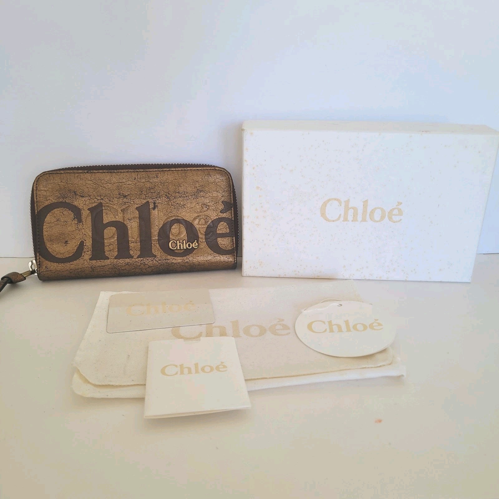 Chloe Eclipse Leather Zip Around Wallet Gold Large Boho Continental Clutch Box