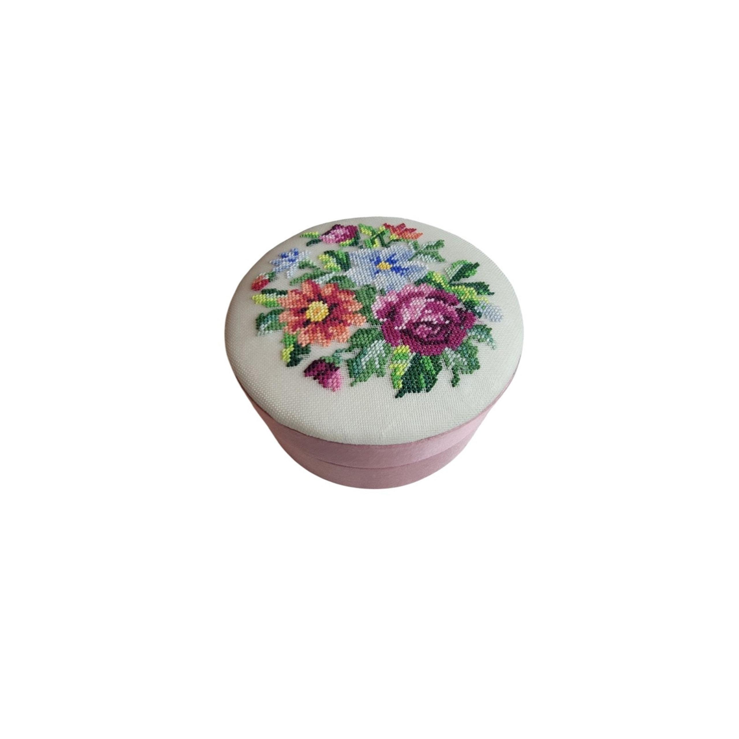 Needle Point Floral Pink Trinket Jewelry Box Satin