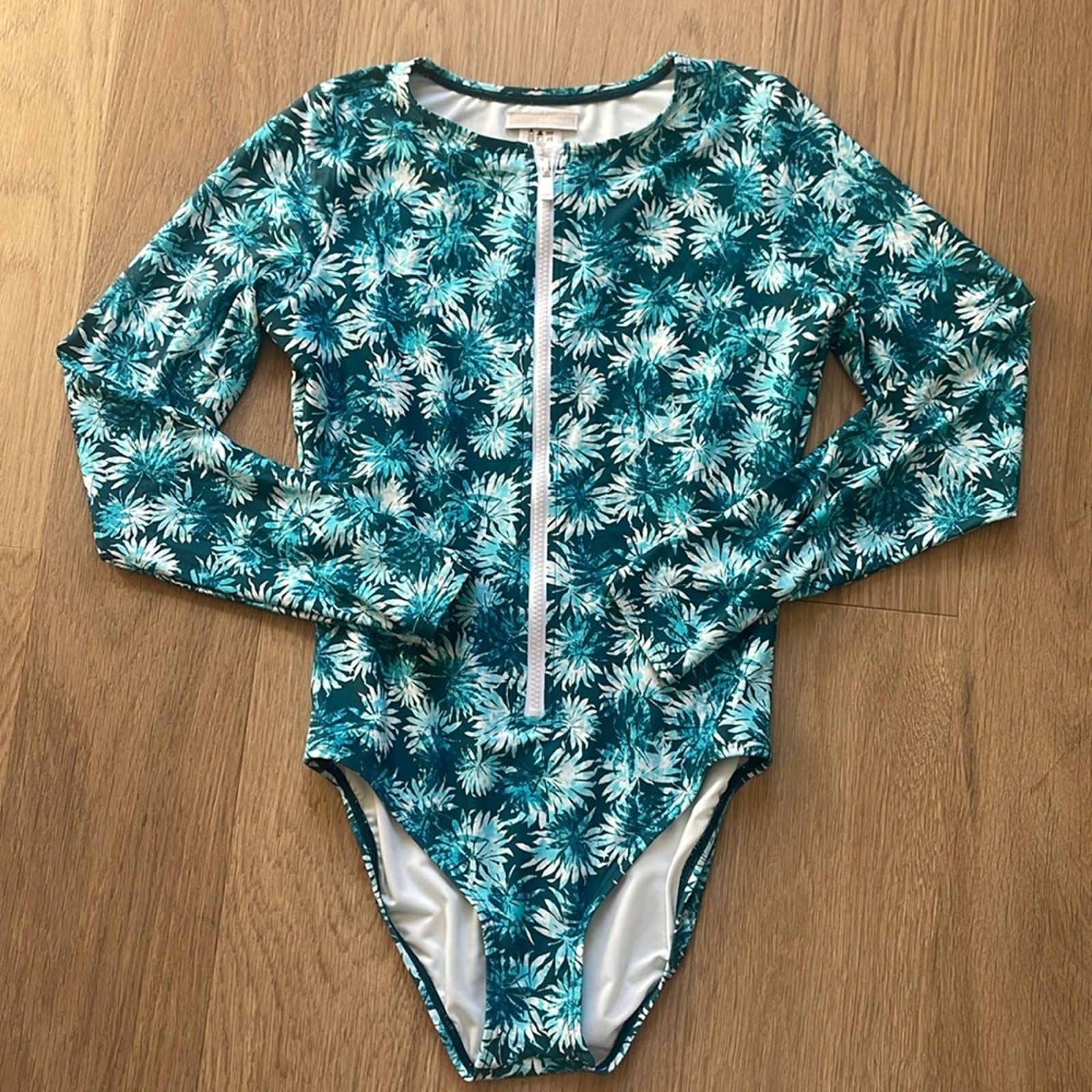 MICHAEL MICHAEL KORS Green White Palm Print Long Sleeve One Piece Swimsuit Sz 8