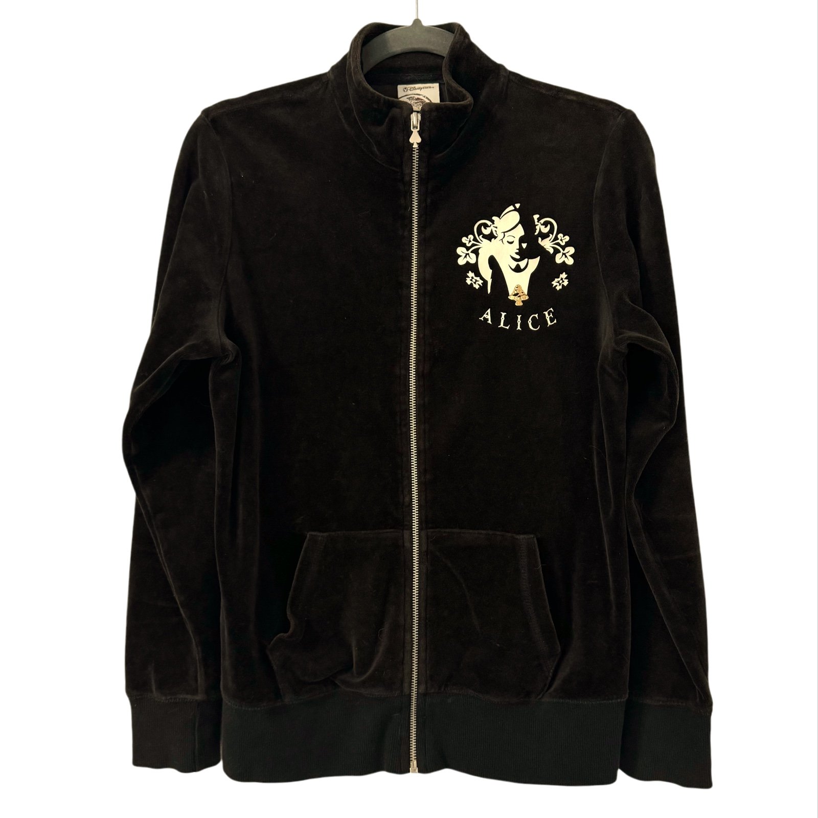 Disney Alice in Wonderland Medium Zip Up Dark Brown Velour Track Jacket Vintage