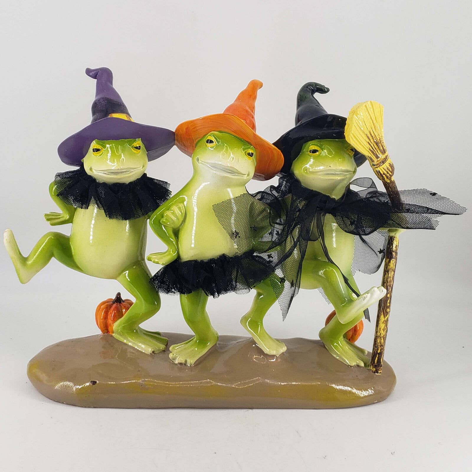 Halloween Decor 3 Frogs in Witch Hats With Pumpkins and Broom Statue