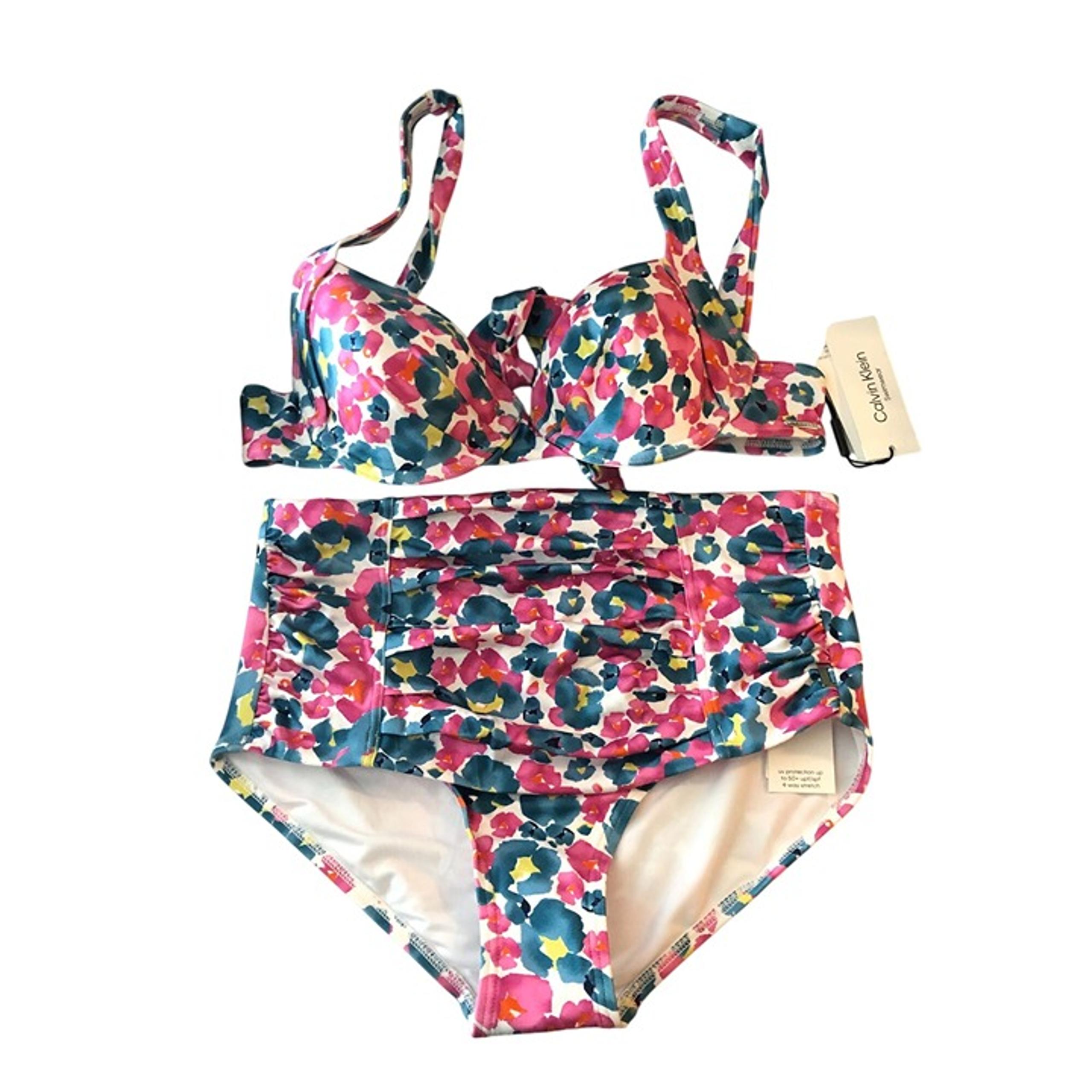Calvin Klein Bikini Set Underwire Top High Waist Ruched Bottoms Floral Pink S
