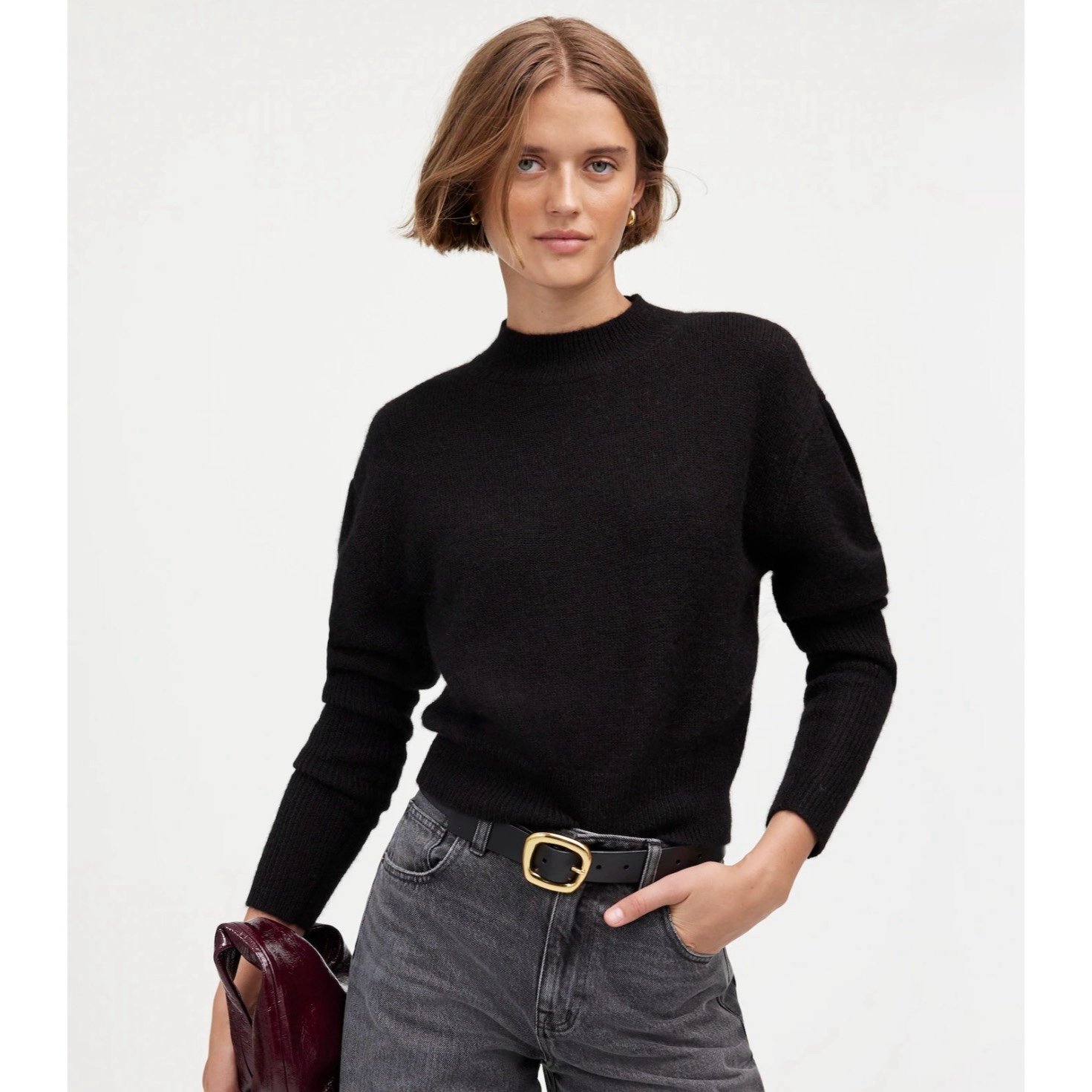 NWT Madewell Alpaca-Blend Mockneck Puff Sleeve Sweater Black