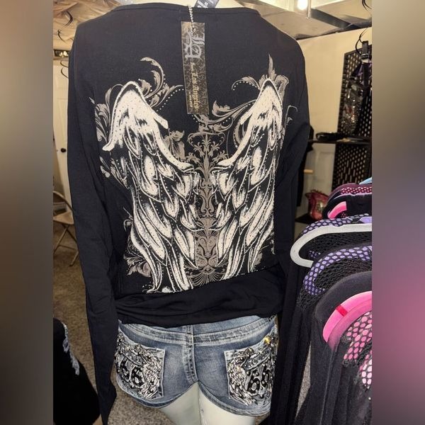 Platinum Plush Angel Wings Rhinestone Eyelet Long Sleeve Top
