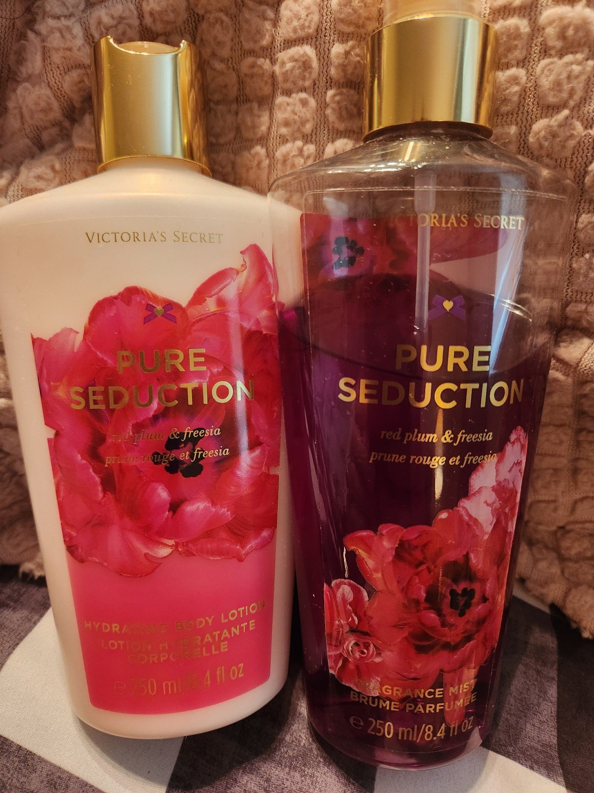 VS, Pure Seduction Duo 8.4 oz Body Mist (80% full), 8.4oz Body Lotion (85% full)