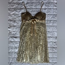 Jovani Gold Sequined & Lace Babydoll Dress w/ Bow Ethereal Goddess Whimsical - 8