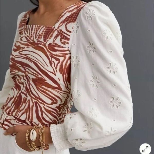 Anthropologie Love The Label Smocked Puff-Sleeve Blouse in Neutral Motif size M