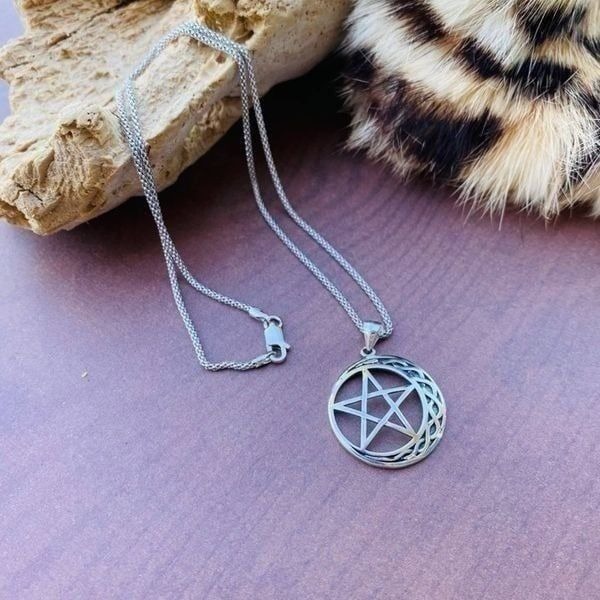 Celtic Crescent Moon & Star Sterling Silver Necklace Popcorn Chain