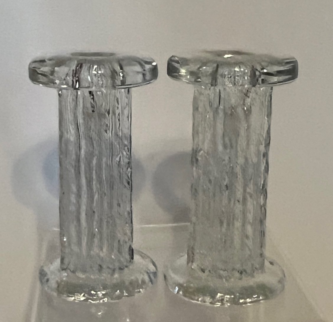 Set of 2 Vintage Pukeburg Clear Glass Icicle Column Candle Holders Sweden