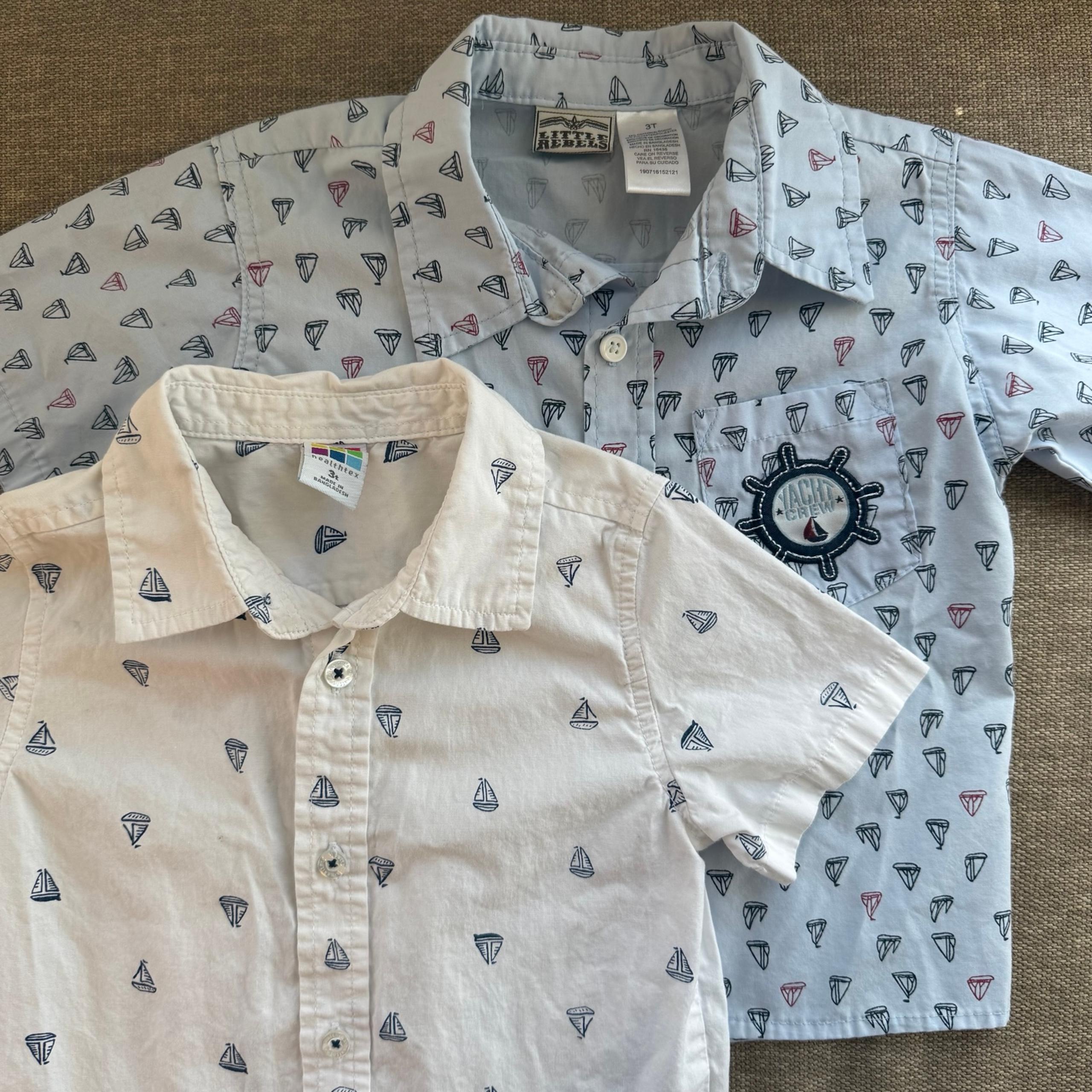 Bundle of 2 White/Blue Sailor Buttoned Up Short Sleeve Shirts Toddler Boys 3T