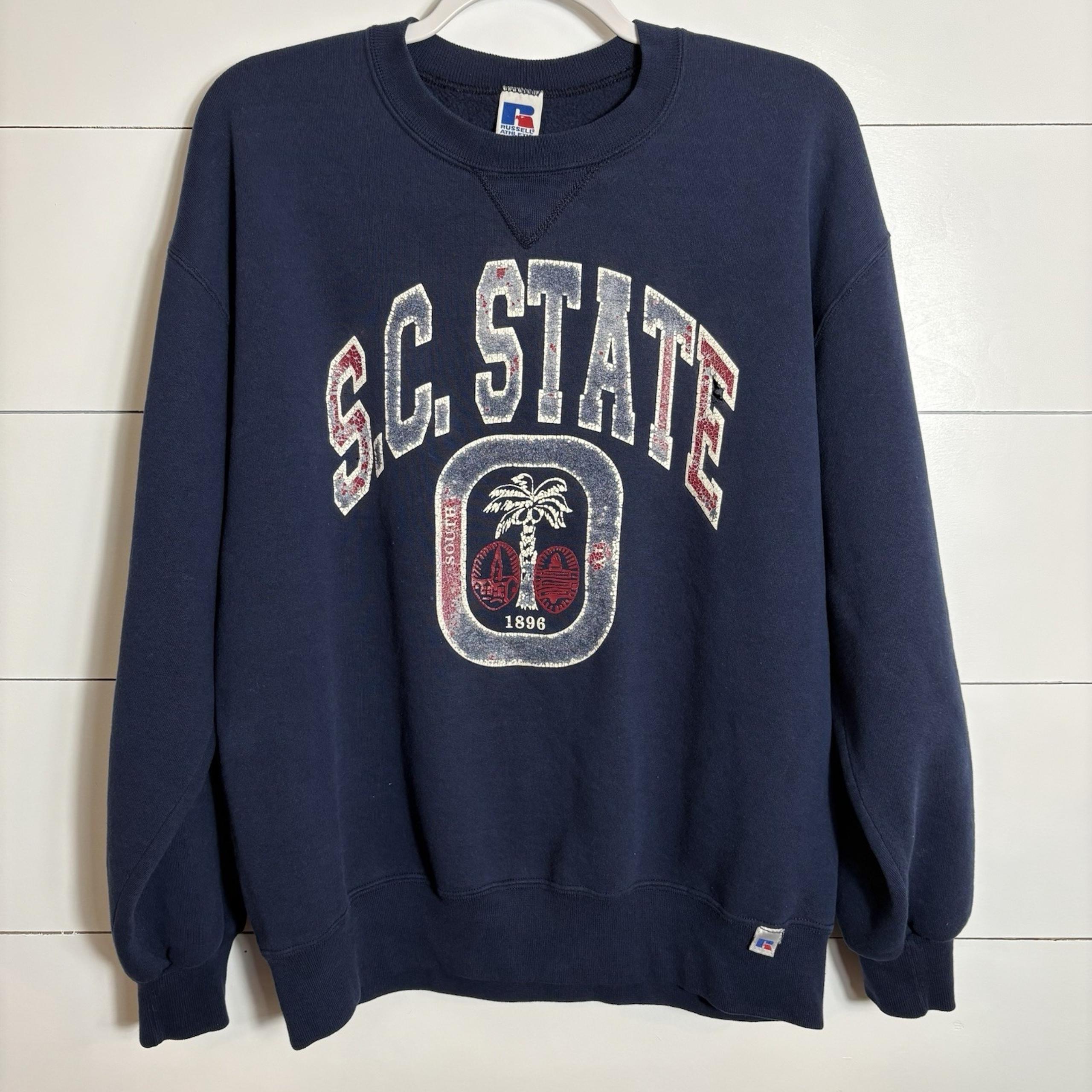Vintage 90s Russell Athletic Sweatshirt Women Size Large SC State Navy Blue USA