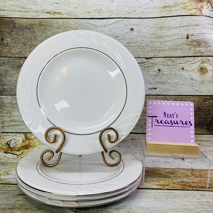 Gibson GOLDEN EMBRACE Embossed Curves Rim Gold Ring Ceramic Dinner Plate Set 4