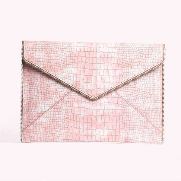 REBECCA MINKOFF Leo Snakeskin Embossed Leather Clutch Ballet Pink NEW MSRP 148