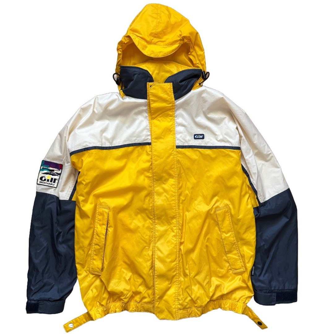 Vintage 90s Gill Jacket Men L Yellow Full Zip Hooded Windbreaker Sail Outerwear