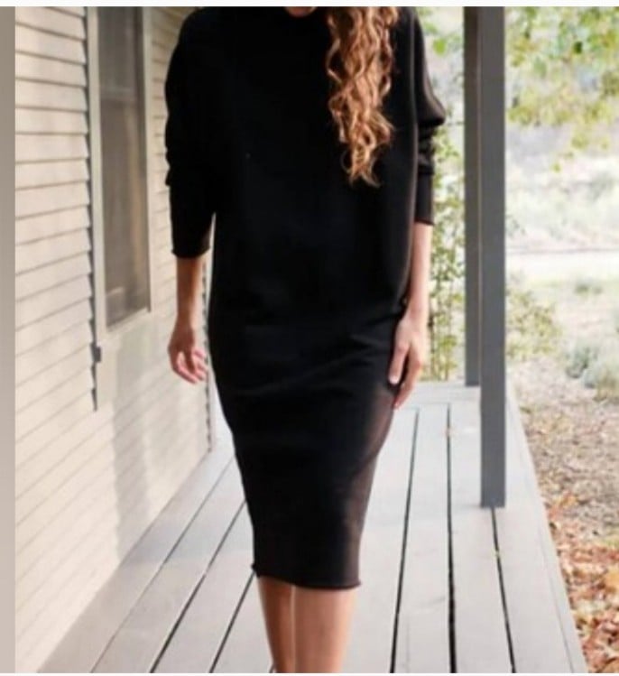 FRANK & EILEEN Isabelle Black Minimalist Midi Cotton Funnel Neck Long Dress XS