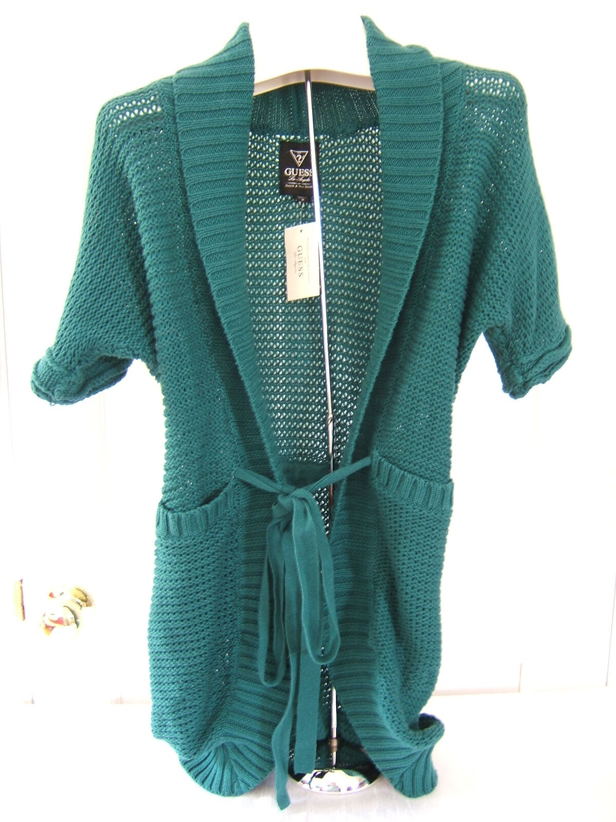NWT Guess Los Angeles Designer Teal Lake Cotton Belted Sweater Cardigan M 98