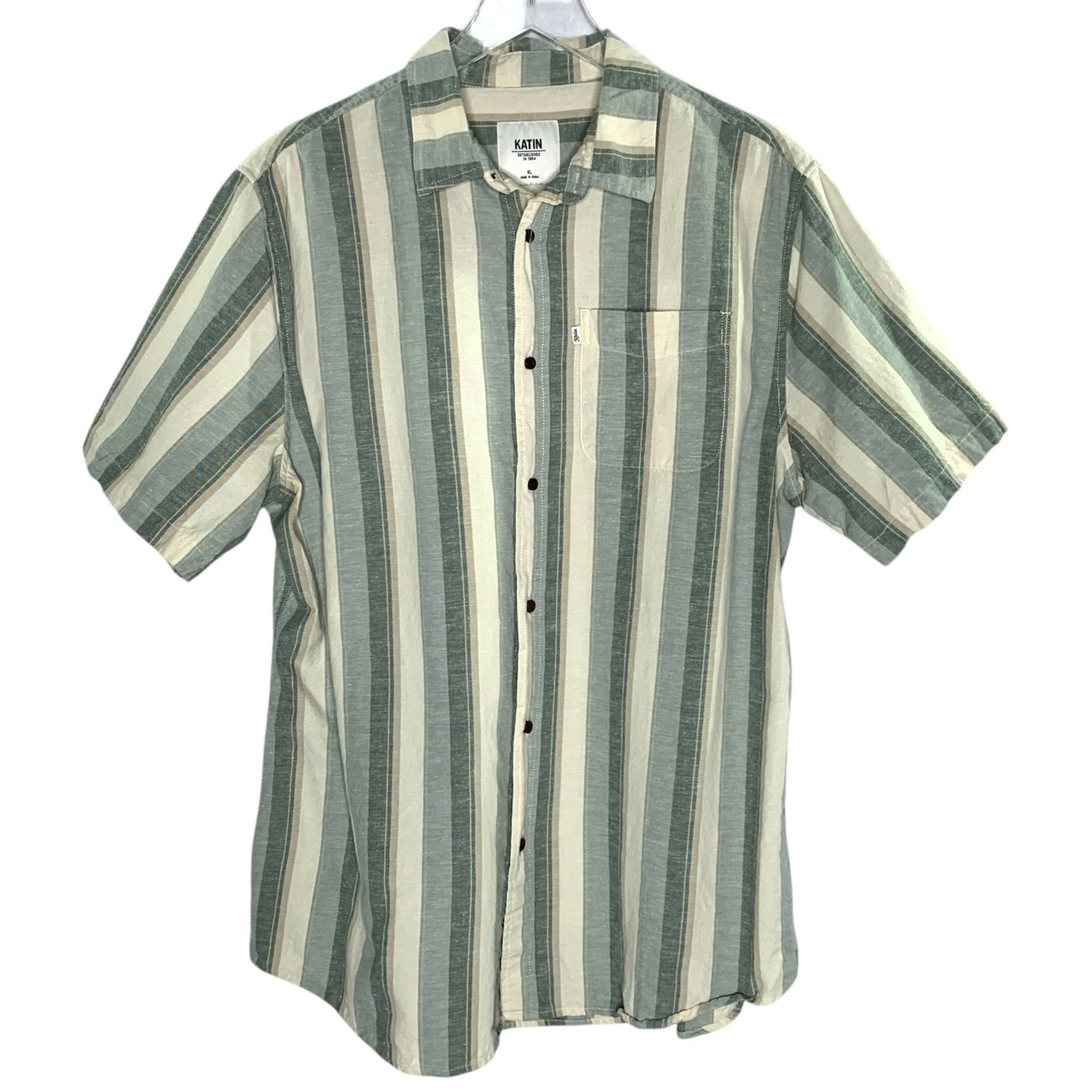 Katin XL York Shirt Mens Beige Striped 100% Cotton Short Sleeve