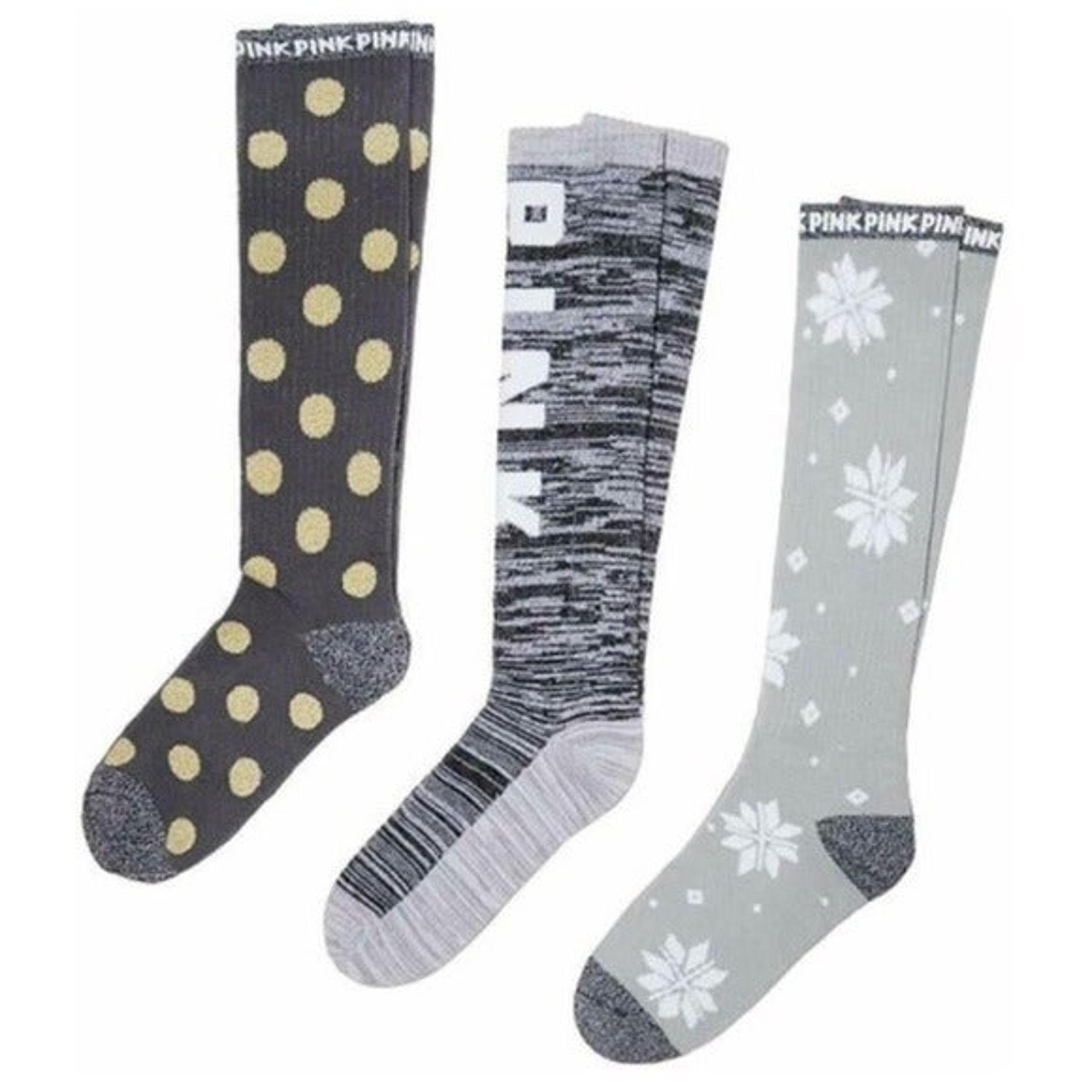 PINK VICTORIA'S SECRET BOXED SET OF THREE KNEE HIGH SOCKS POLKA DOT SNOWFLAKES