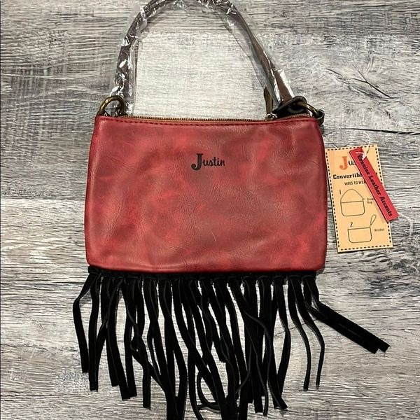 Justin Boots NWT Red Black Leather Fringe Leopard convertible Women's Bag