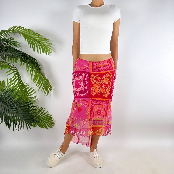 Vintage Y2K Pink Fairycore Floral Boho Patchwork Low Rise Midi Skirt / Large