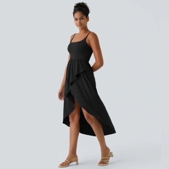 NWT Halara Breezeful Backless High Low Flowy Midi Quick Dry Casual Dress Black S