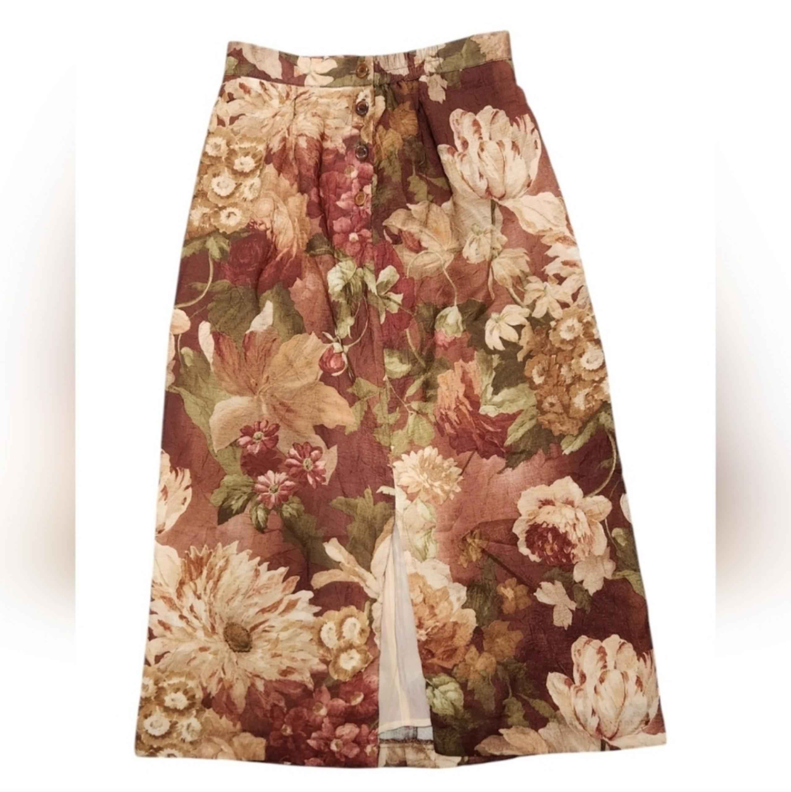 Vintage Petite Sophisticate Size 8 Tan Maroon Floral Button Front Skirt