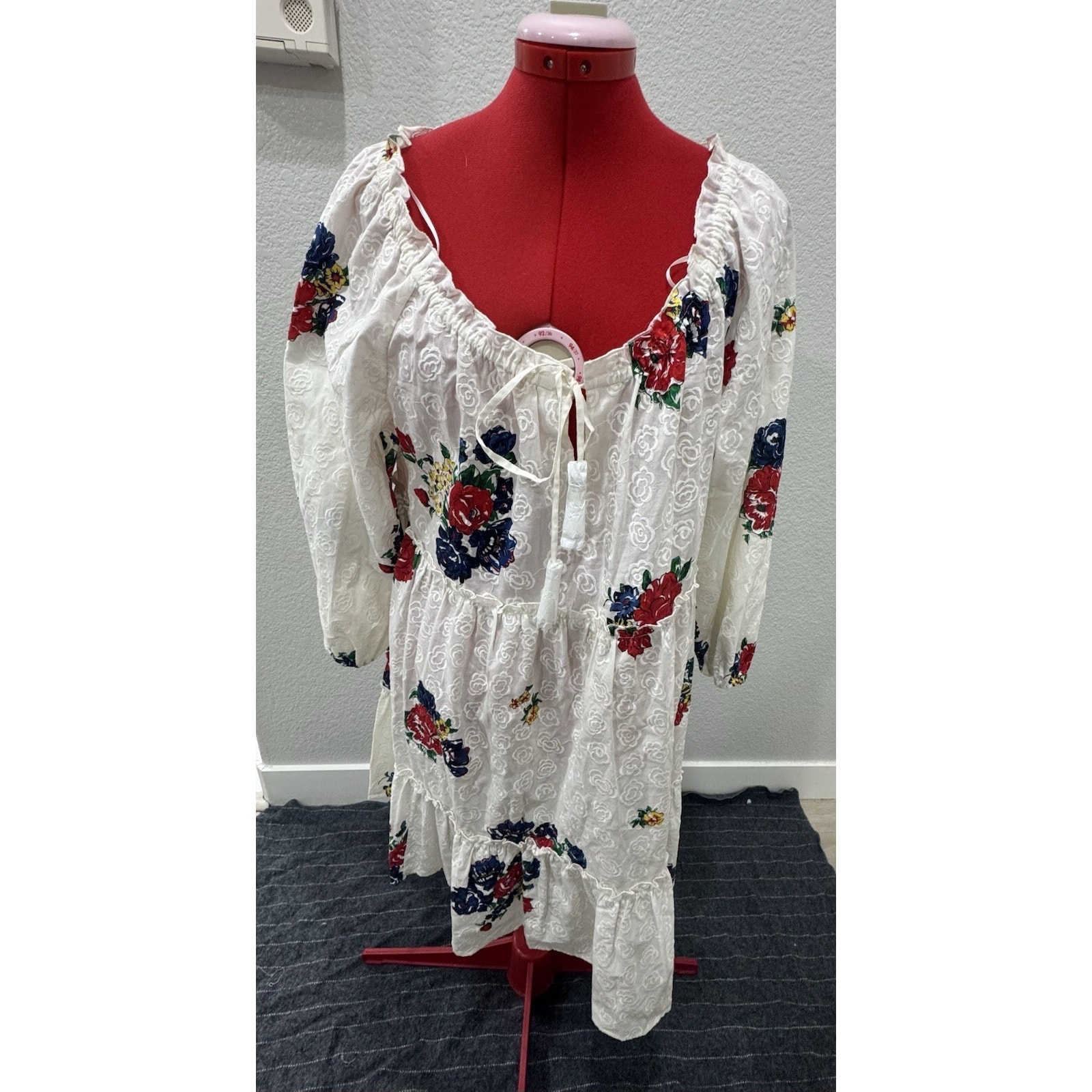 Tory Burch Floral Embroidered Dress Long Sleeve White Tiered Mini