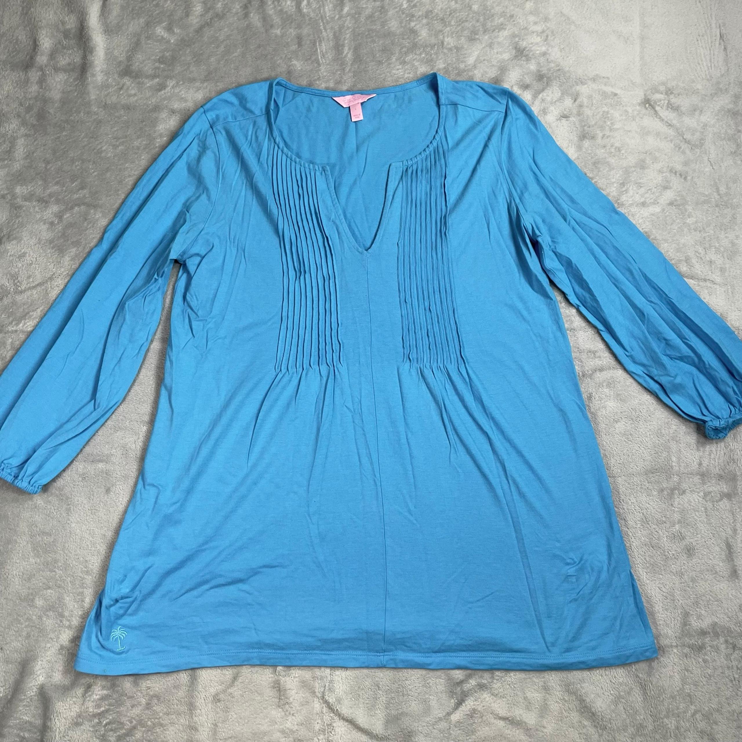 Lilly Pulitzer Tunic Shirt Large Womens Braylen Pleated Split Neck Pima Blue
