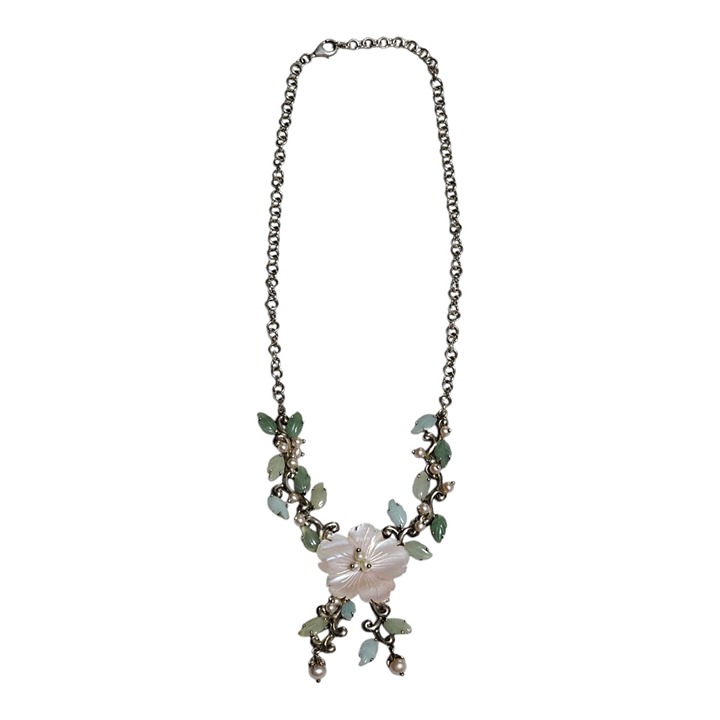 Whitney Kelly Necklace 925 Sterling Silver Jade MOP Mother Of Pearls Flowers