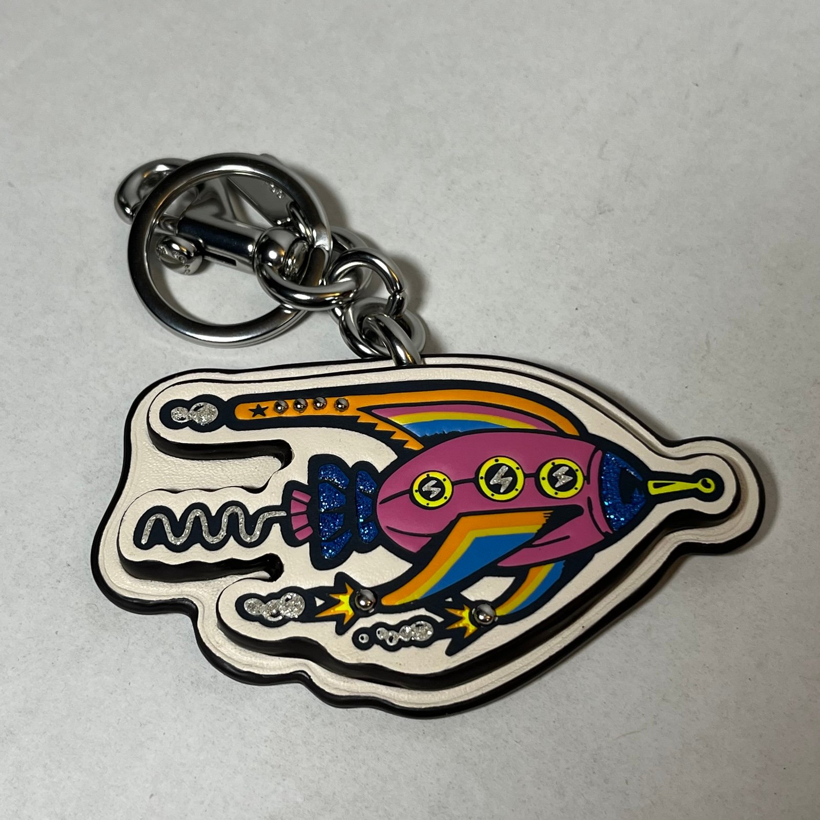 Coach Cosmic Rocket Bag Charm Key Ring- leather-glitter- white pink orange blue