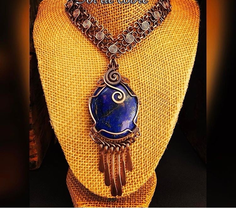 Large Lapis Lazuli stone, copper necklace. Handmade, spirals,copper tassels.