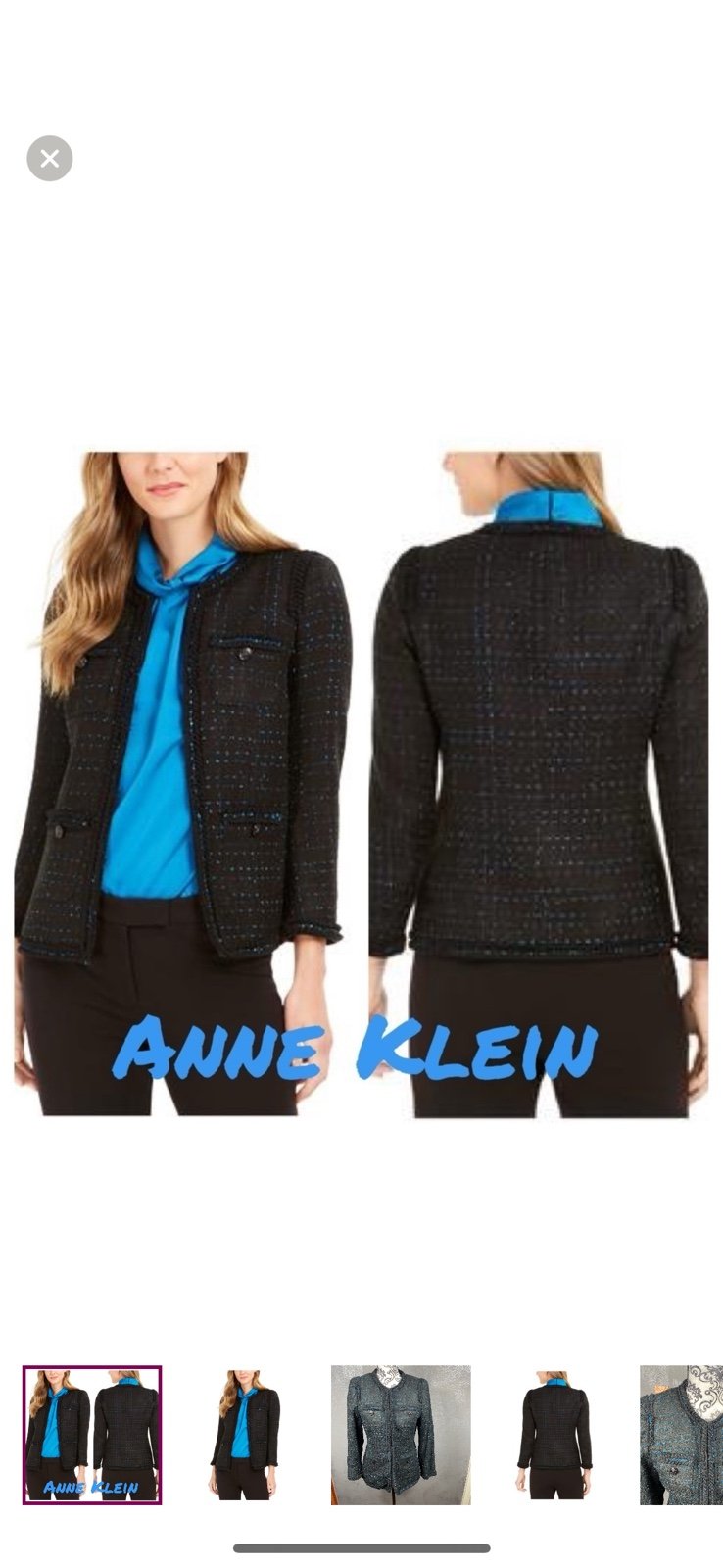 ANNE KLEIN Black and blue Ruffled Blazer Work ready Jacket. Tweed. Career
