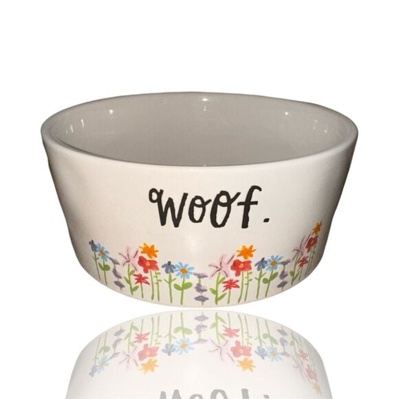 Rae Dunn Woof Ceramic Dog Bowl with Floral Design Multicolored: NWOT