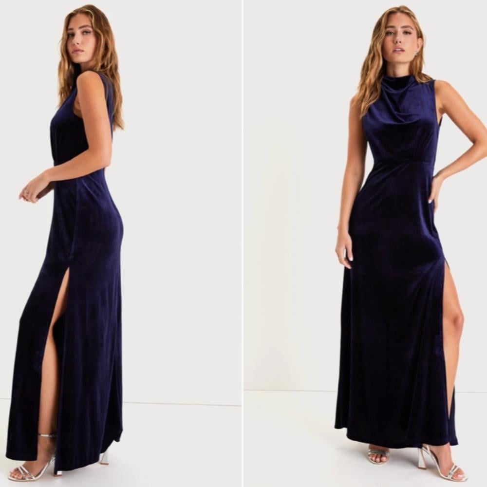 LULU's Elegant Special Event Wedding Bridesmaid Flowy Modest Blue Velvet Gown