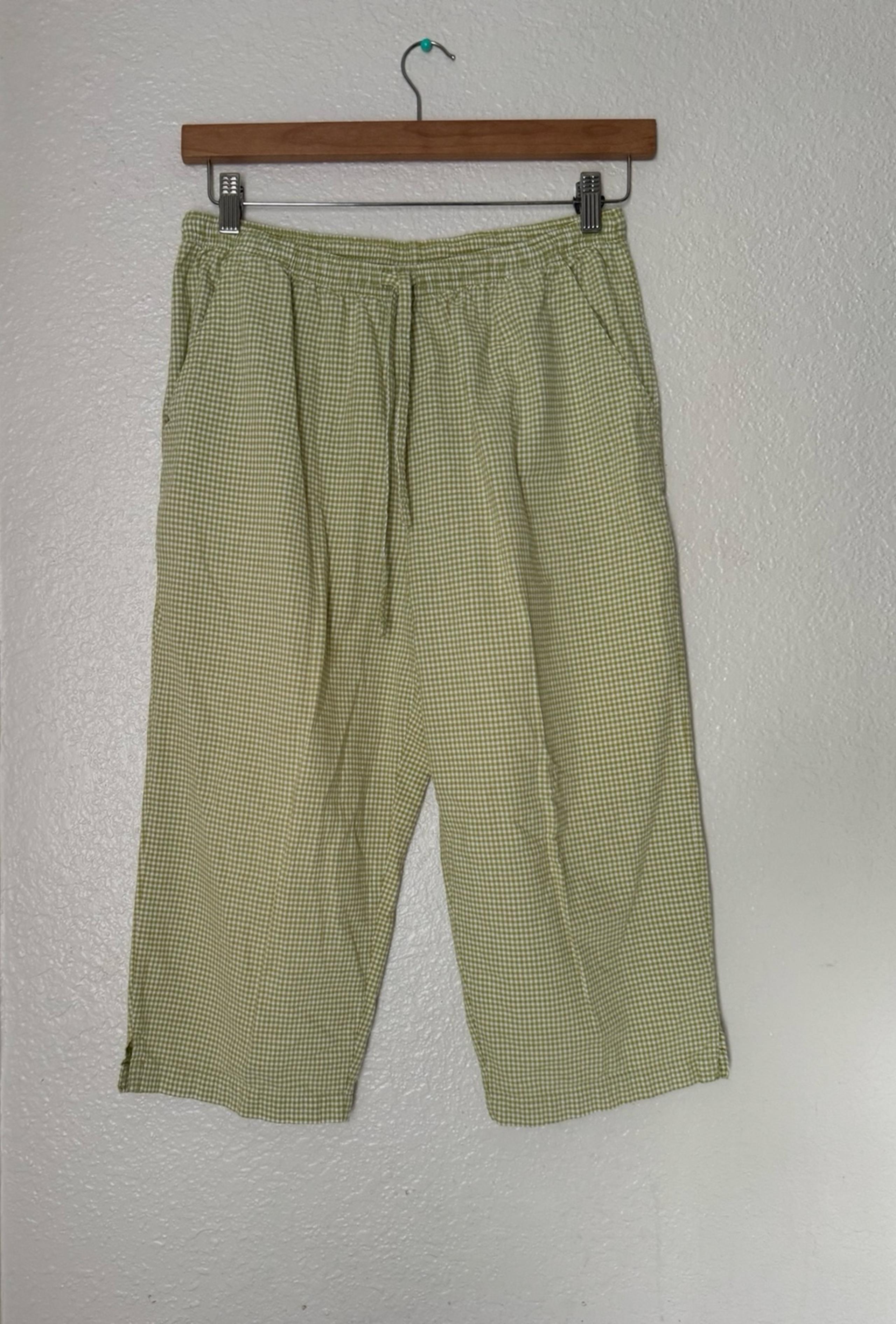Jane Ashley capri pants with a green and white gingham