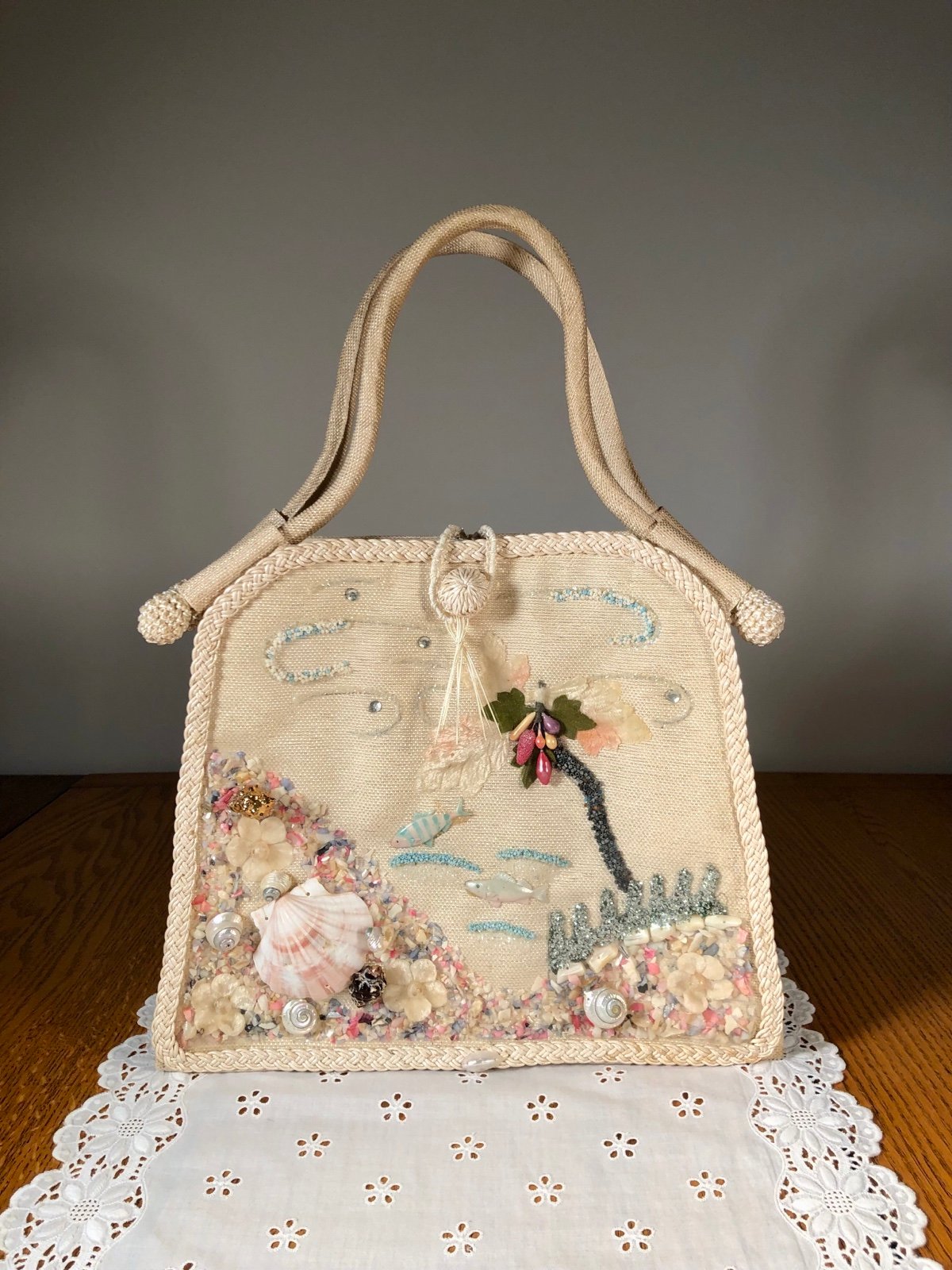 Vintage made in Japan natural fibers + sea shells tropical themed handbag purse