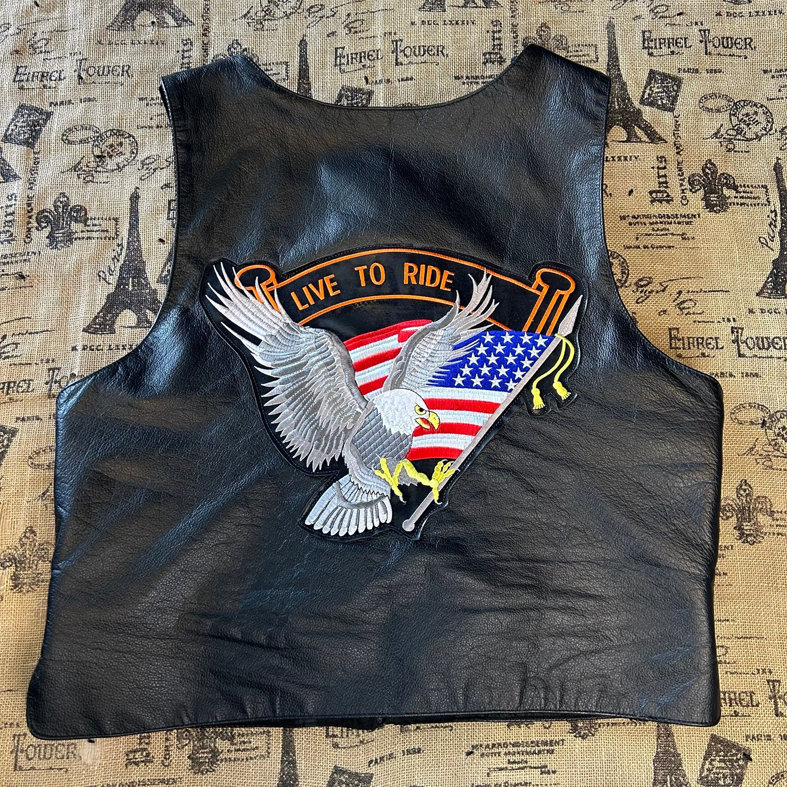 Highway Leather Black Multi Pocket Embroidery Back American Flag vest