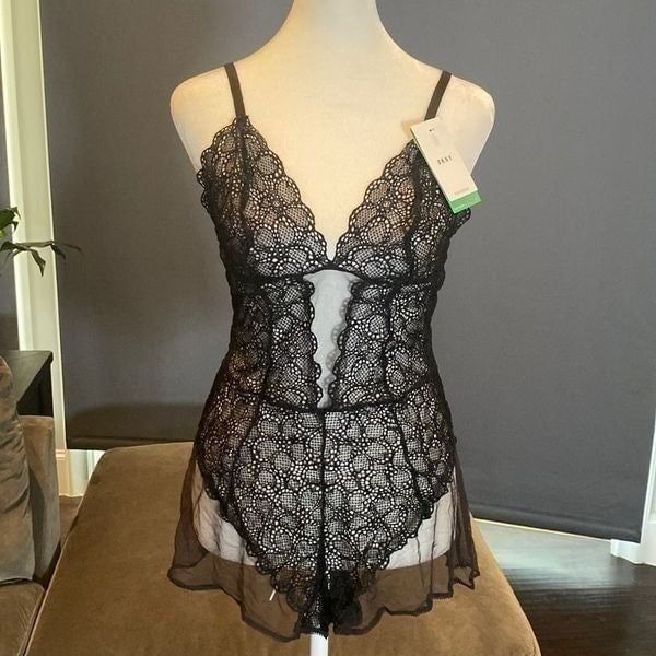 DKNY Shapewear Teddy Romper Lace Black Adjustable Straps Size L NWT
