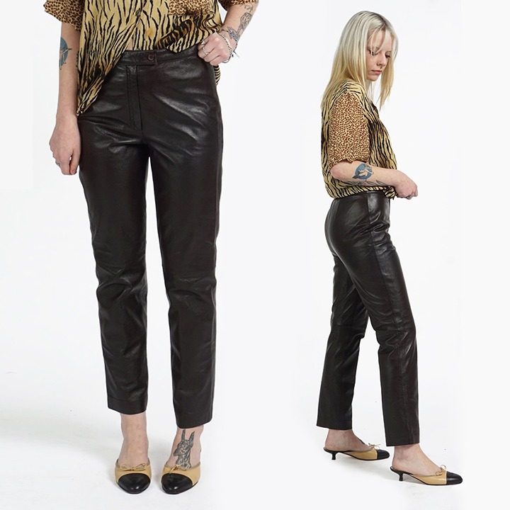 VINTAGE Dark Brown Real Leather Straight Leg Glam Rock Pants