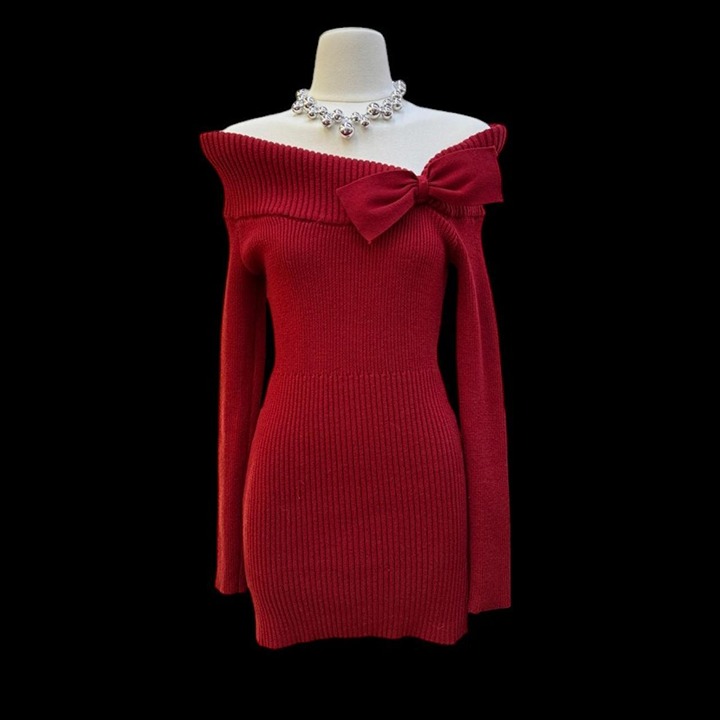 Off Shoulder Bow Slim Red Bodycon Knitted Dress