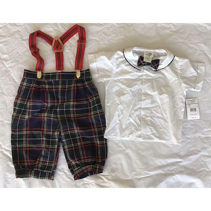 Vintage Michael James Toddler Plaid Romper with Suspenders Shirt Bow Size 2T NWT
