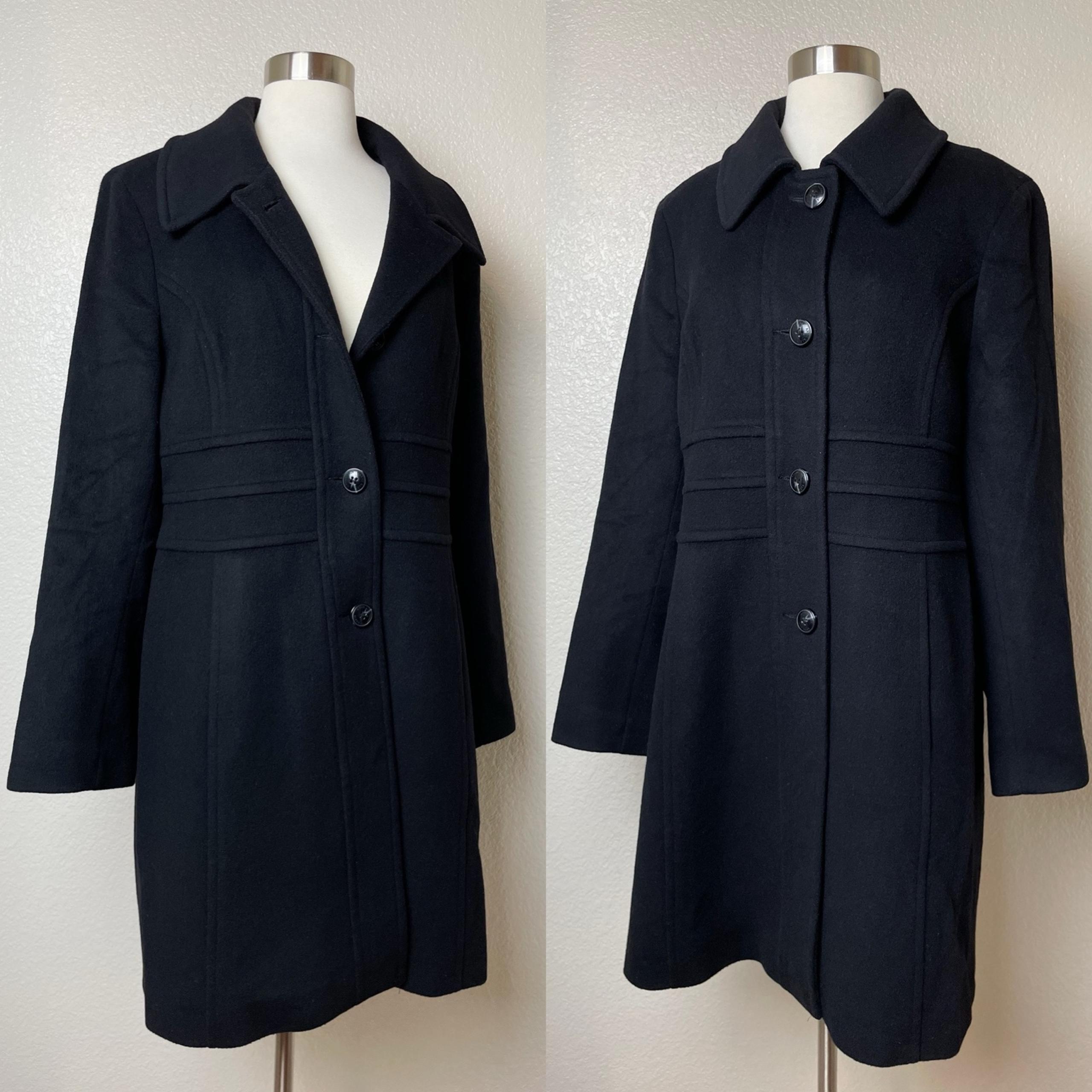 Anne Klein Black Lambswool/Cashmere Mid-length Collared Peacoat Sz. 14