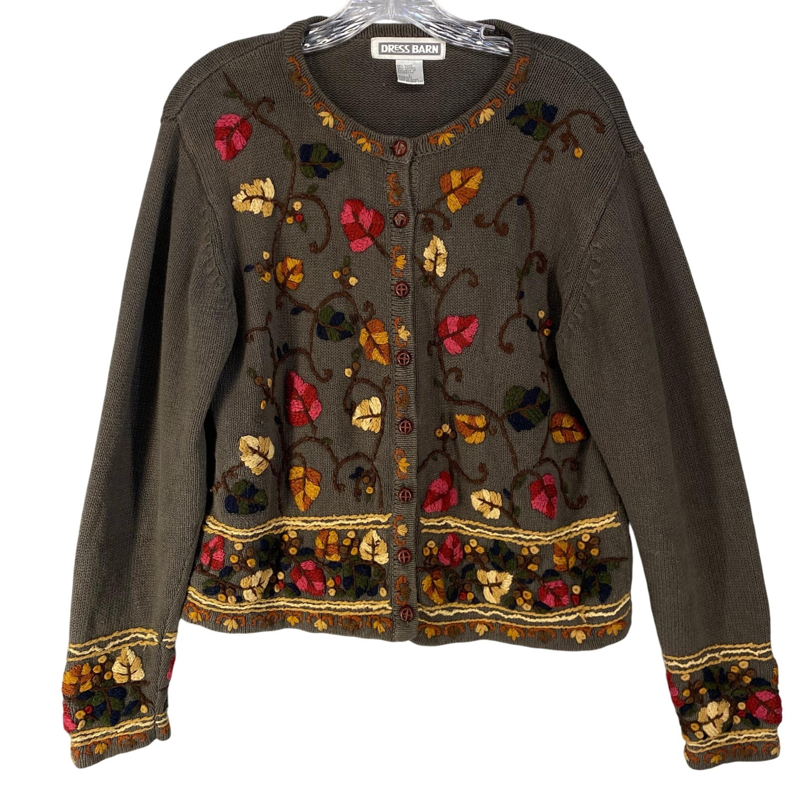 Dress Barn Women’s Cardigan Large Embroidered Fall Floral Button Front