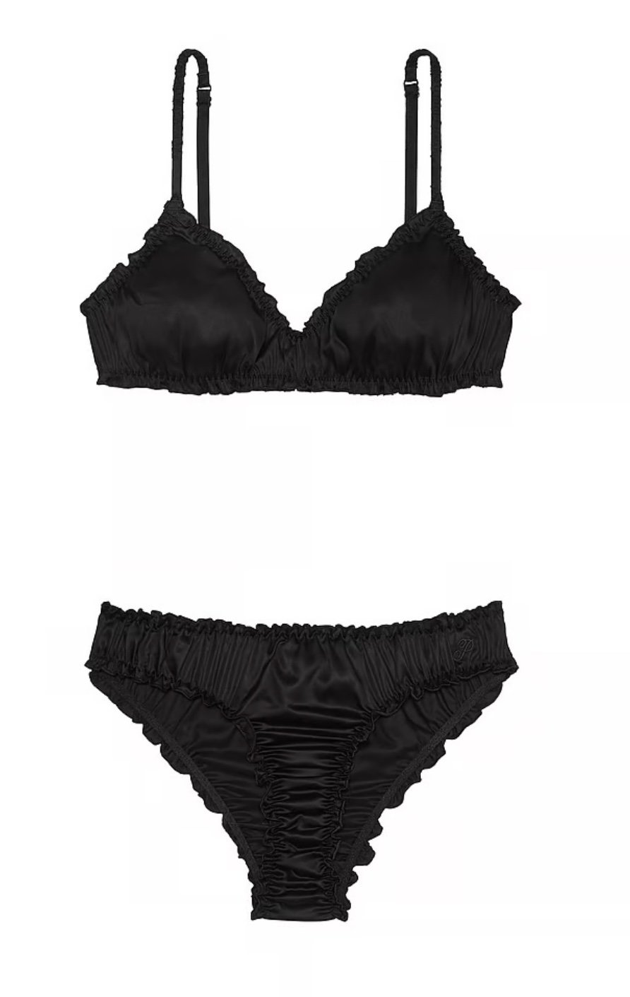 NWT VICTORIA’S SECRET PINK SILKY FLUTTER BRALETTE & PANTY SET Sz M BLACK