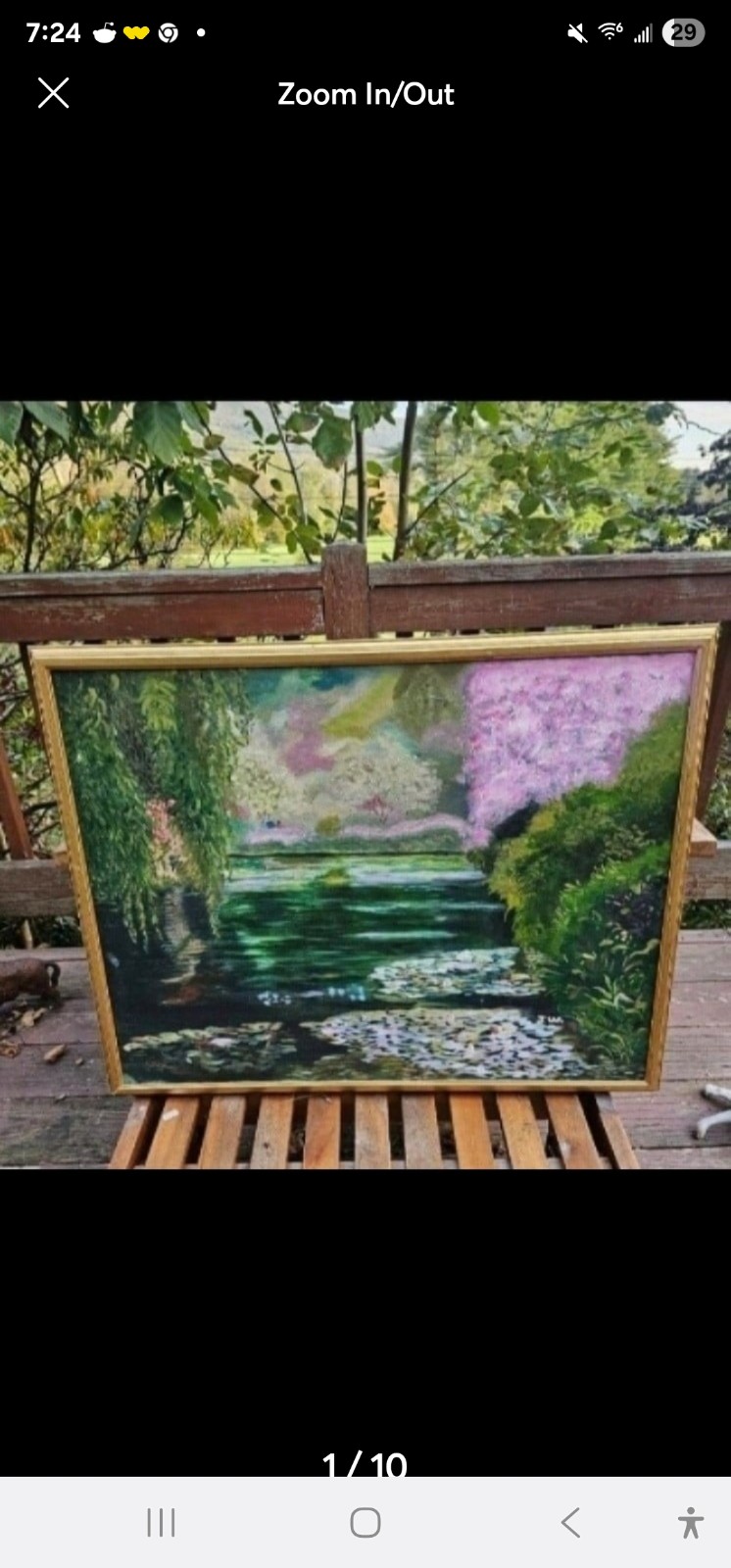 Vintage impressionist oil painting of a lily pond, framed, signed JW.