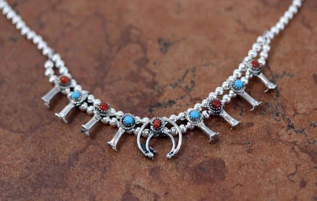 Navajo Native American Turquoise and Coral Squash Blossom SS Necklace NWT