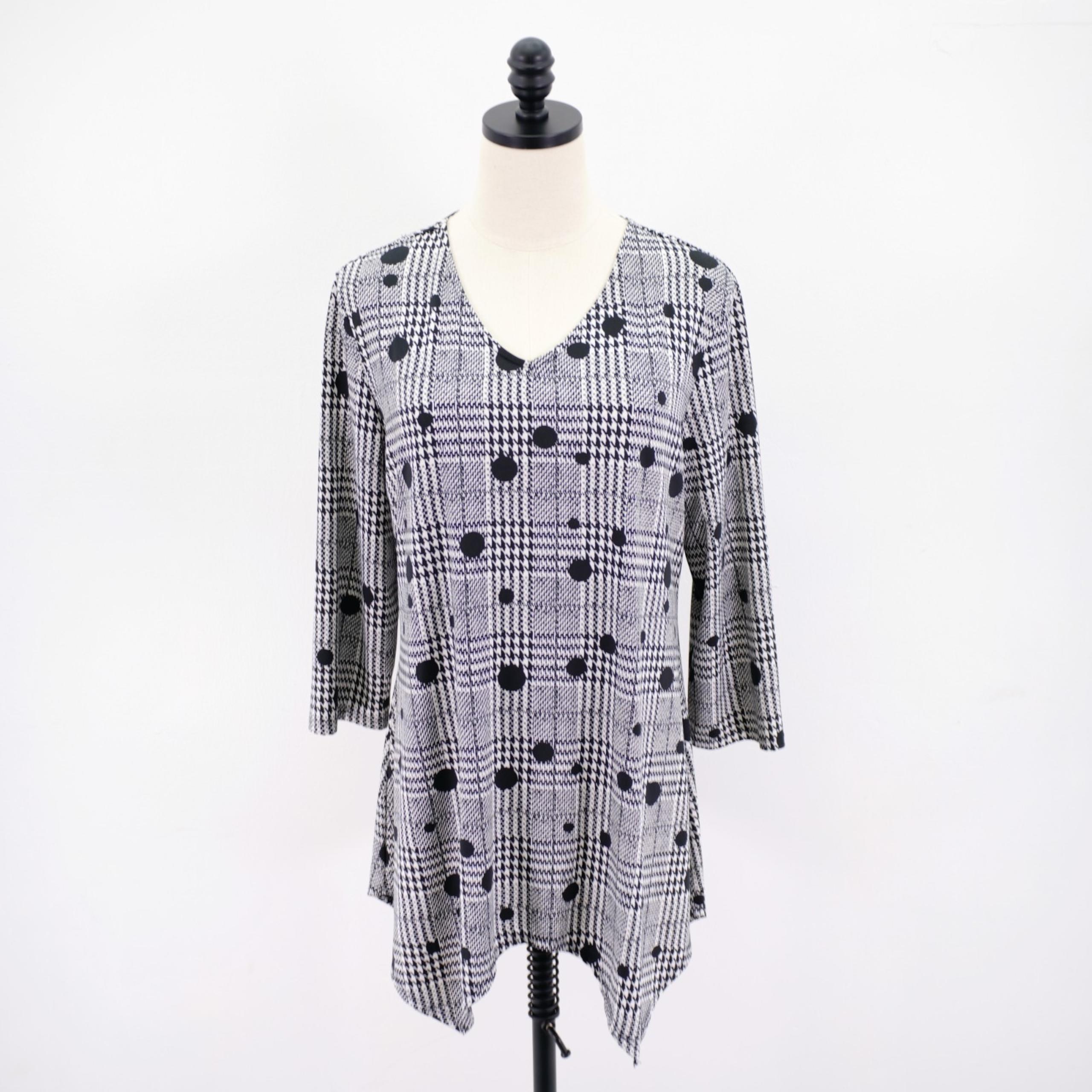 Cocomo White Black Plaid Polka Dot V-Neck Asymetric Top Blouse Shirt Dress Large