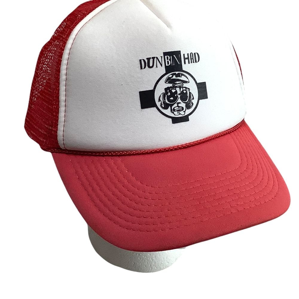Vtg DUNBINHAD Trucker Hat Snapback Cap Baseball Back Half Mesh Red White Otto