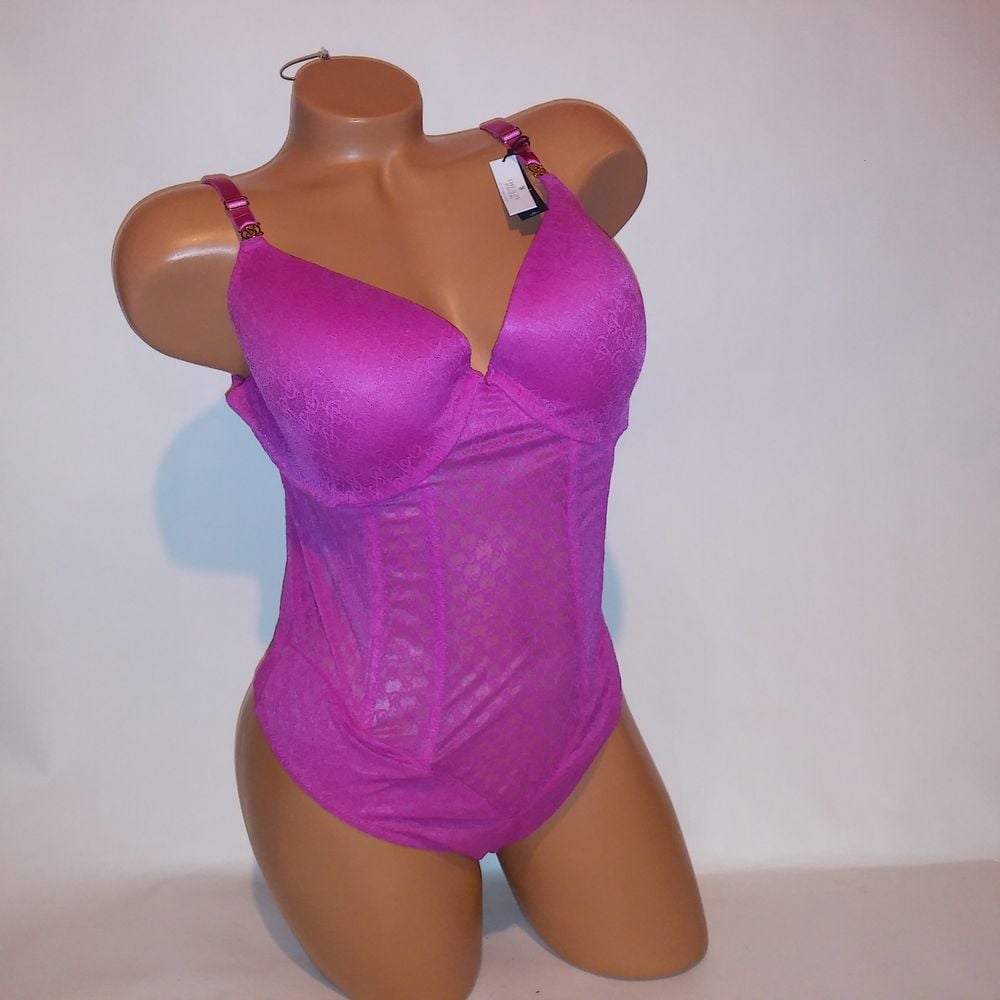 Victoria Secret Lingerie Teddy One Piece Bodysuit XL Pink Icon Push Up Logo Lace
